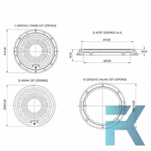 FK-600-54B-B125 Kompozit Yuvarlak Rögar Kapağı Takımı Ø600 mm | B125