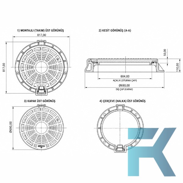 FK-600-MYB-B125 Kompozit Yuvarlak Rögar Kapağı Takımı Menteşeli Ø600 mm | B125